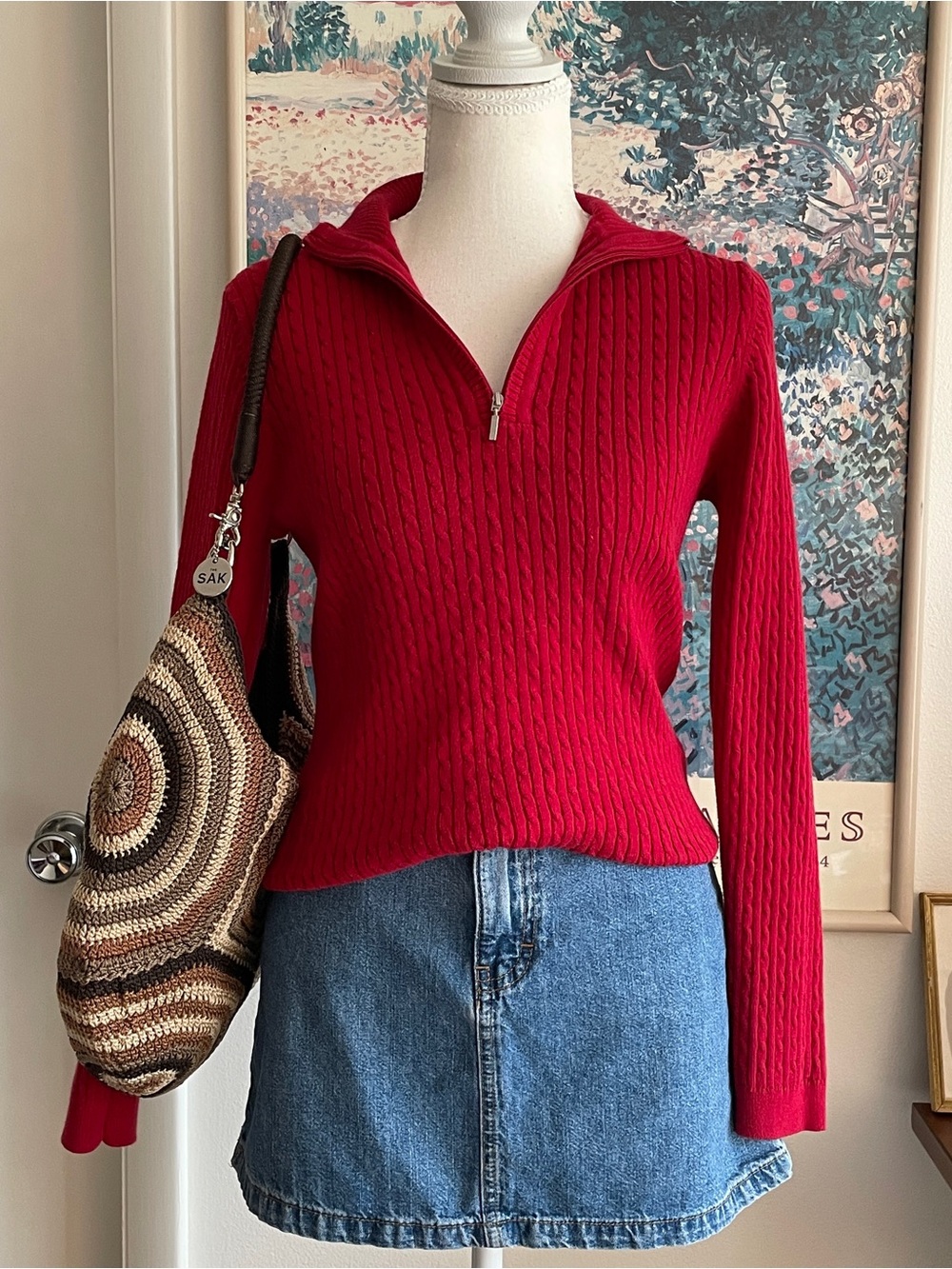 Jeanne Pierre Half-Zip Sweater Womens Small Red Cable Knit Preppy Academia Y2K